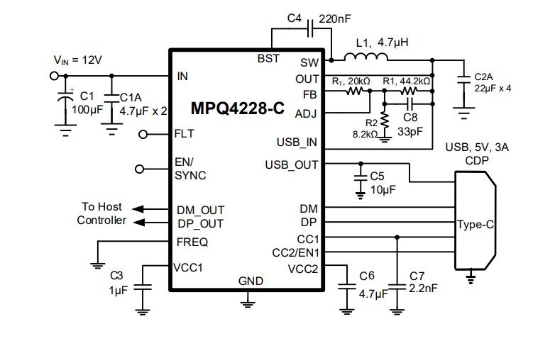 Application Circuit Diagram - Monolithic Power Systems (MPS) MPQ4228-C Step-Down Converter with Charging Port